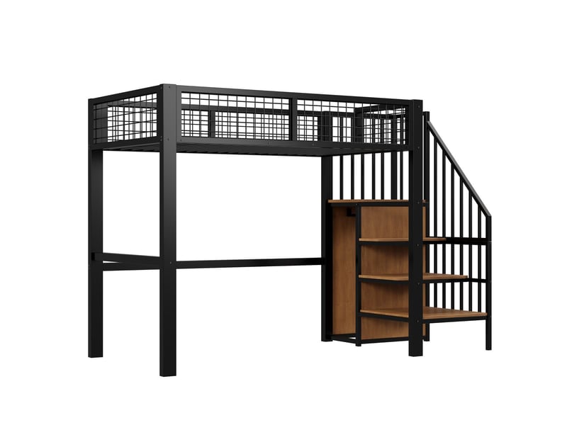 Lit mezzanine 90x200 avec escalier rangement - lit simple - structure métal noir, armoire intégrée, gain de place, sécurisé - Conforama E