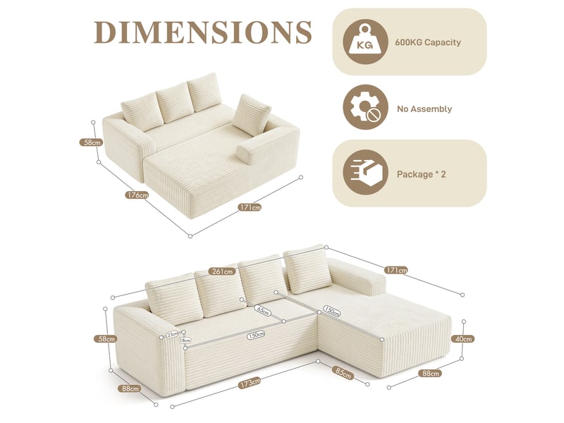  Canapé modulable 5 places d'angle en l 261cm,porte-gobelets,méridienne à gauche,velours côtelé,beige  - Conforama C