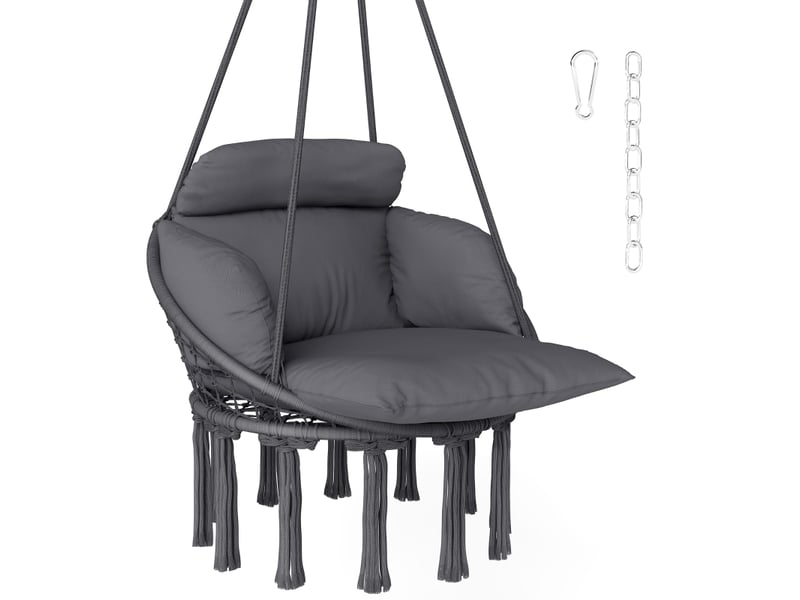  Chaise suspendue avec grand coussin rembourré hamac fauteuil suspendu à franges kit de suspension 80 x 60 x 40 cm gris foncé  - Conforama A
