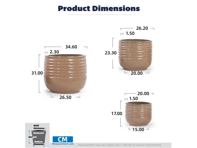  Lot de 3 pots de fleurs en céramique ø 362620 cm – marron clair brillant – drainage intérieur extérieur  - Conforama C