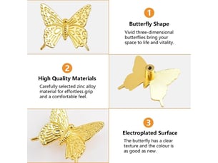Boutons de style papillon de morobor, 6 unités de couleur dorée, poignées papillon en alliage de zinc pour placards, armoires à vêtements et meubles