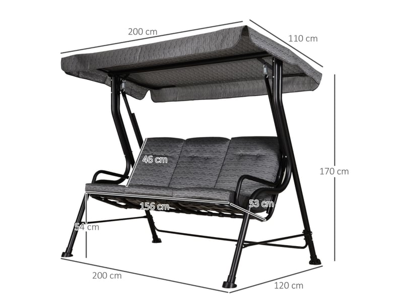  Banc de jardin 200 x 120 x 170 cm 3 places pare-soleil réglable textilène gris  - Conforama B