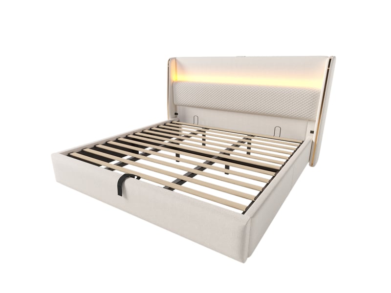  Elvmi lit coffre hydraulique avec grand tête de lit capitonnée effet lin, led intégrée, station de charge usbtype-c, rangement sous le lit, matelas 180x200 cm inclus, coloris beige  - Conforama A