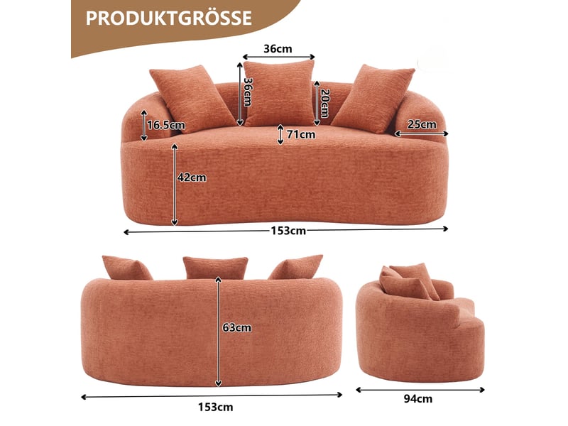  Canapé 2 places incurvé en chenille corail, mousse compressée 30d, 3 coussins, 153 cm, petit espace  - Conforama C