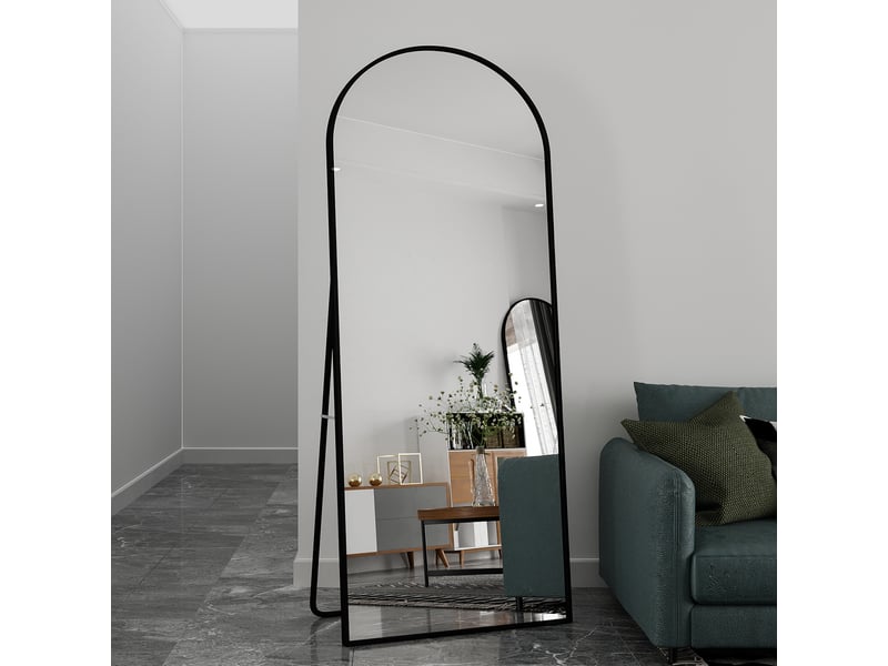  Miroir sur pied arché en verre trempé - 1800 x 800 mm-noir - grand miroir de plain-pied avec cadre en aluminium et support  - Conforama E