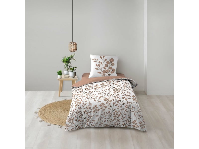  Douceur d'intérieur – housse de couette 140 x 200 cm 100 % coton 57 fils – motif végétal mocha – avec taie 63 x 63 cm – lavable en machine  - Conforama C