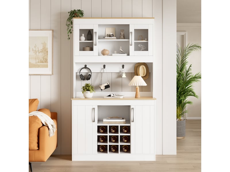  Buffet de cuisine avec vitrine 175 cm, vaisselier blanc et bois avec porte-bouteilles et crochets  - Conforama E