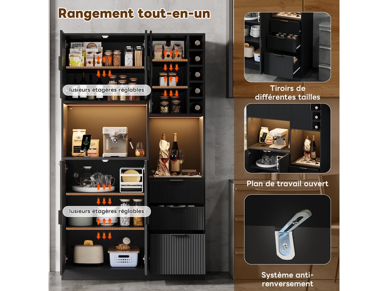  Meuble de cuisine muvano, buffet de cuisine haut noir avec 3 tiroirs et éclairage led  - Conforama R