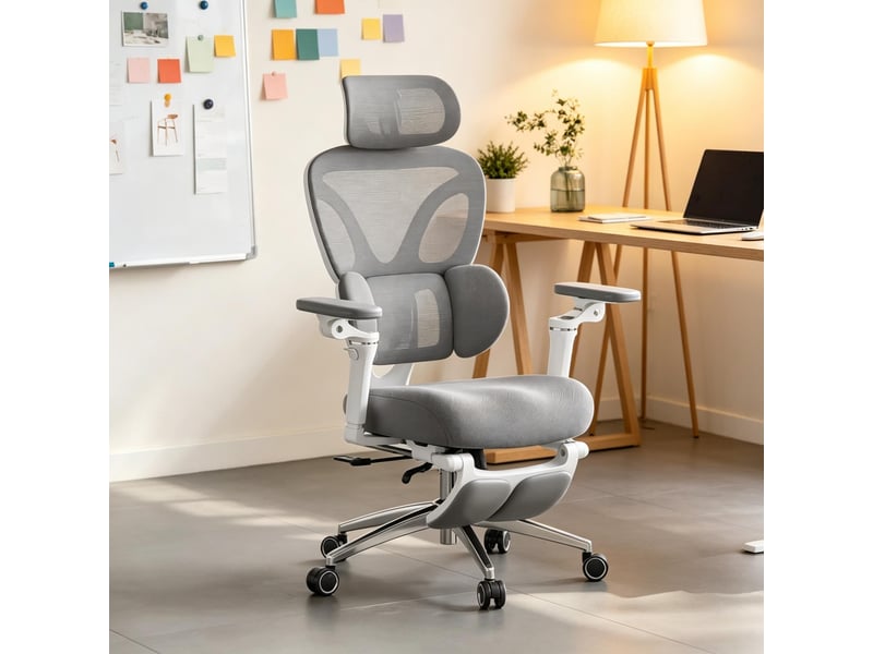  Fauteuil de bureau ergonomique gris avec appui-tête et soutien lombaire réglables, repose-pieds et roulettes  - Conforama C