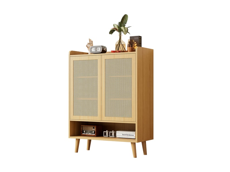  Meuble à chaussures en rotin naturel 80x35x105 cm, 2 portes, 5 étagères et pieds en bois massif  - Conforama E