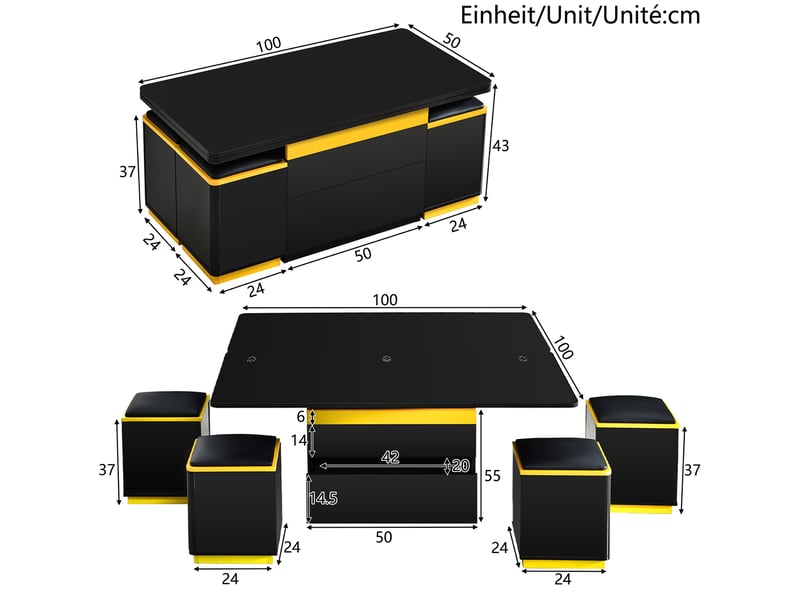  Table basse relevable avec tiroir, niches ouvertes et 4 tabourets de rangement pour salon, 100 × 50 × 43 cm  - Conforama D
