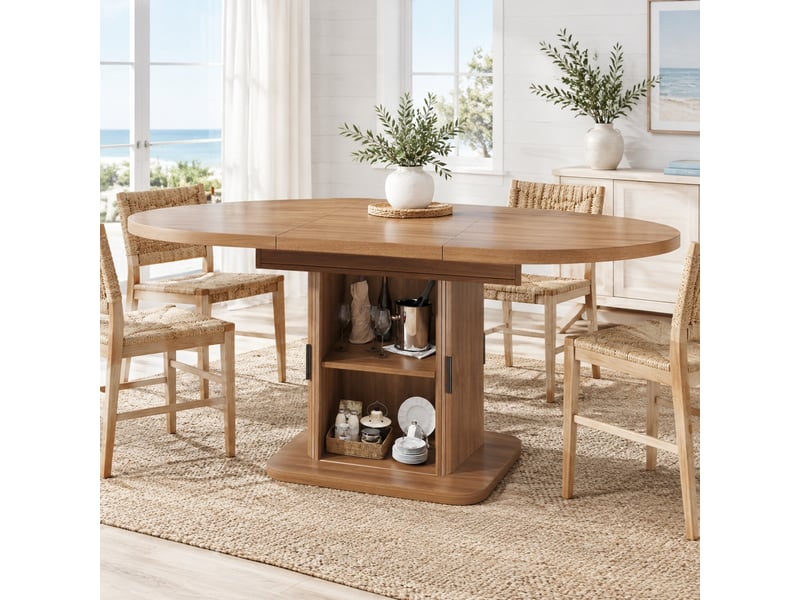  Table à manger ovale extensible 110-149,8 cm avec rangement, mdf noyer  - Conforama B