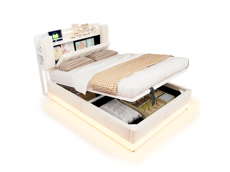  Lit coffre 2 places 140x200 cm en velours beige avec led, usb et rangement hydraulique, sans matelas  - Conforama A