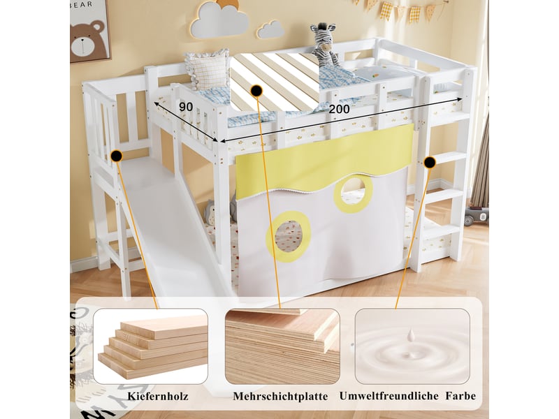  Lit mezzanine enfant 90×200 cm avec escalier, toboggan et rideaux  - sans matelas, bois blanc  - Conforama E