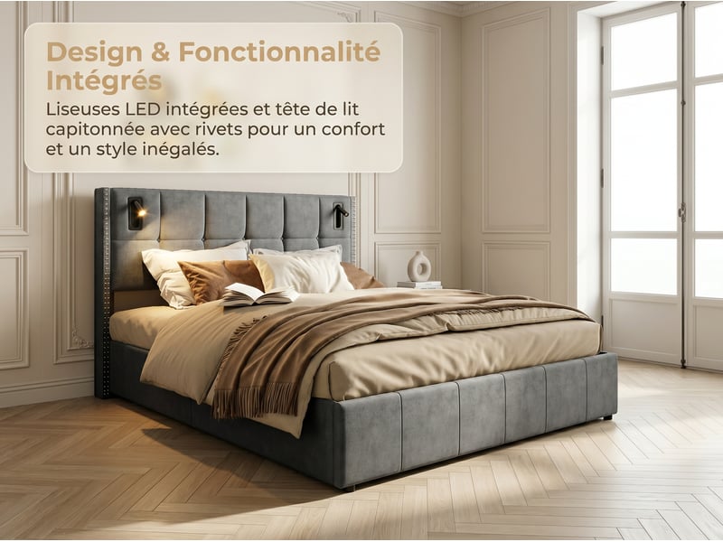  Lit 2 places 160x200 cm - led rgb avec app - 4 tiroirs - tête de lit réglable - tissu gris  - Conforama D