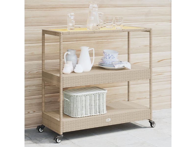  Chariot de service, chariot de bar 3 niveaux beige rotin et bois d'acacia massif  - Conforama B