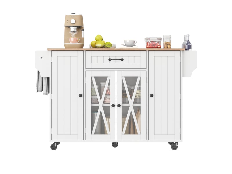 Îlot de cuisine mobile - 120x69x90 cm - sur roulettes - tiroirs - portes de rangement - rangement à vin - plateau rabattable - blanc CozyNest - Conforama A