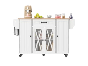 Îlot de cuisine mobile - 120x69x90 cm - sur roulettes - tiroirs - portes de rangement - rangement à vin - plateau rabattable - blanc