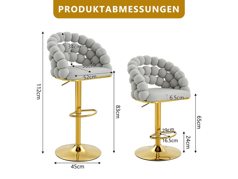 Tabouret de bar lot de 2 avec dossier à chaîne de billes, hauteur réglable, style moderne en velours gris - Conforama D