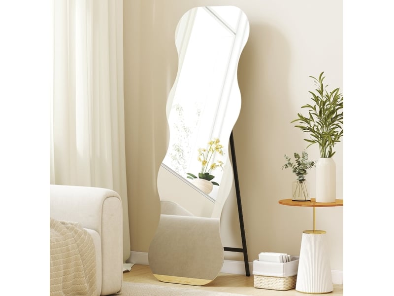 Miroir simple sur pied sans cadre à forme ondulée, support en métal et base en bois noir, 50 × 2,7 × 160 cm - Conforama B