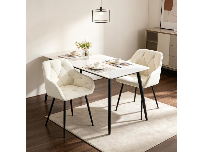  Lot de 2 chaises de salle à manger avec accoudoirs et dossier ergonomique en velours crème  - Conforama D