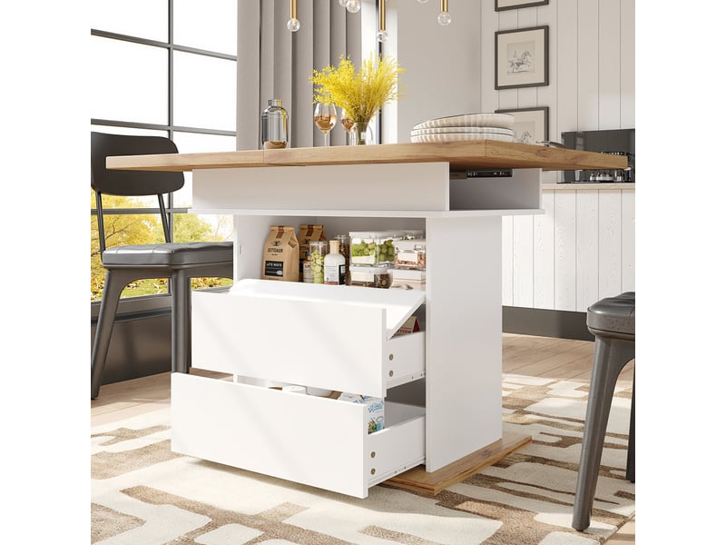Table extensible, 110-140x80x75 cm, à double rallonge avec espace de rangement, pratique, mdf, coloris naturel et blanc - Conforama E
