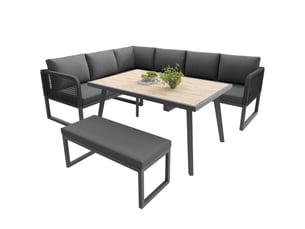 Salon de jardin 6 à 8 places modulable gris en résine tressée, avec table et banquette pour terrasse