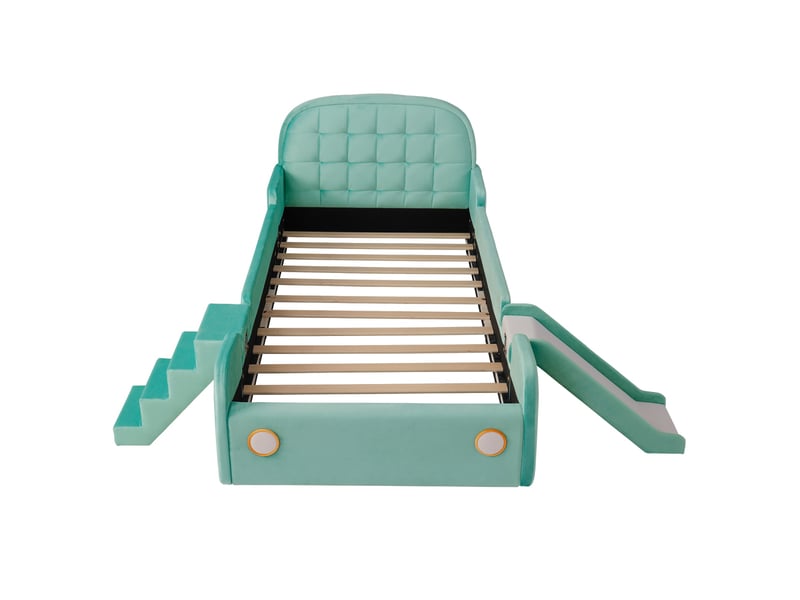  Lit enfant 90x200 cm -lit forme voiture 90x200cm - avec toboggan et escalier interchangeables – velours - bleu vert  - Conforama A