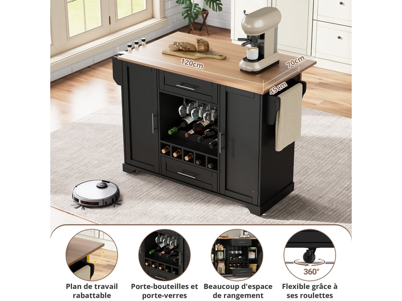  Desserte de cuisine noire 120x4570x92 cm avec plateau rabattable, porte-bouteilles et rangements multifonctions  - Conforama C