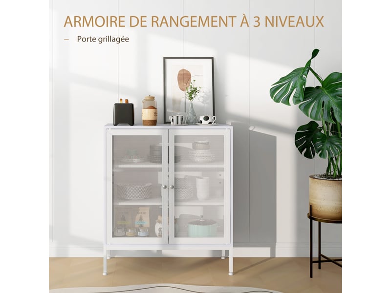  Buffet 2 portes grillagées en acier et mélaminé blanc 80 x 37 x 92 cm  - Conforama D