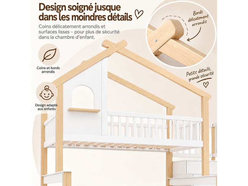  Lit superposé enfant 90x190120x190 - lit cabane enfant avec escalier de rangement - lit superposé 2 places  - Conforama B