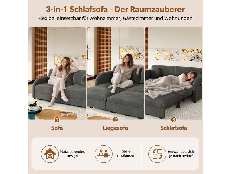  Canapé droit convertible 2 places en tissu gris, format 3-en-1 avec rangement latéral pour petits espaces  - Conforama E