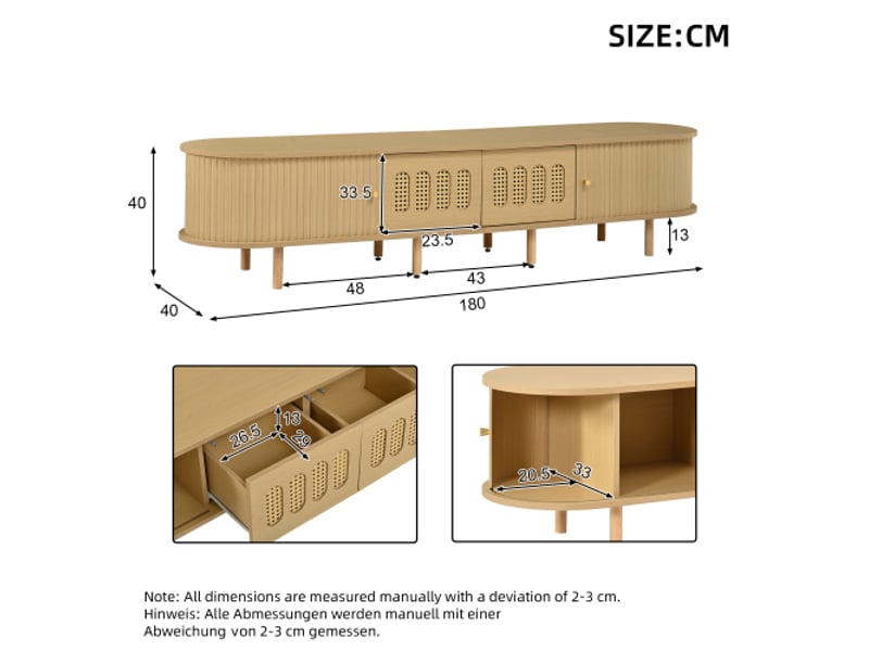  Meuble tv 180cm, lowboard en bois clair et rotin, meuble de salon avec portes coulissantes pour téléviseur jusqu'à 75 pouces  - Conforama C