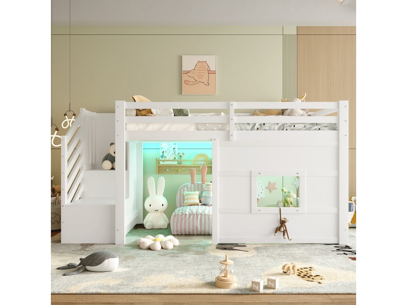  Lit mezzanine enfant 90 × 200 cm 1 place avec escalier de rangement, led et fenêtre, sans matelas, blanc  - Conforama C