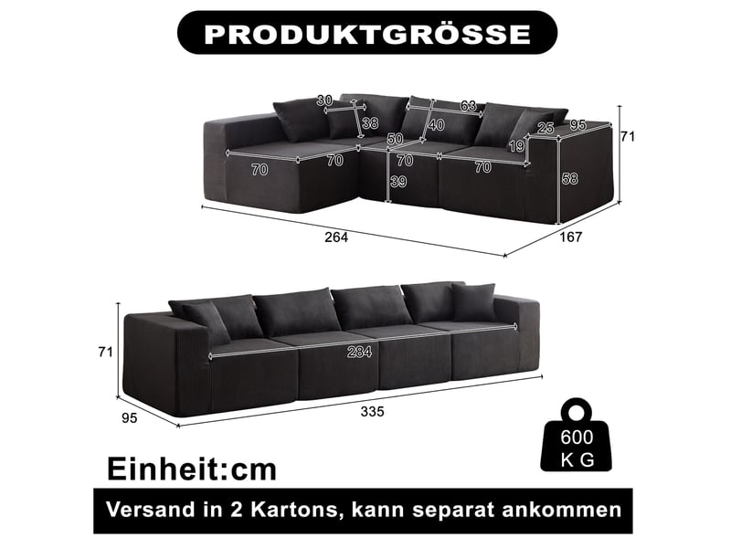  Canapé d'angle modulable 4 places en velours côtelé noir homvra  - Conforama E