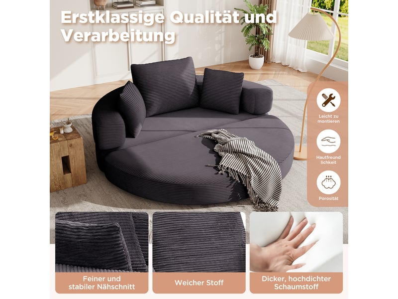  Canapé convertible 2 places en velours côtelé, 2-en-1, lit ovale 173×176 cm, sans montage, 3 coussins inclus  - Conforama D