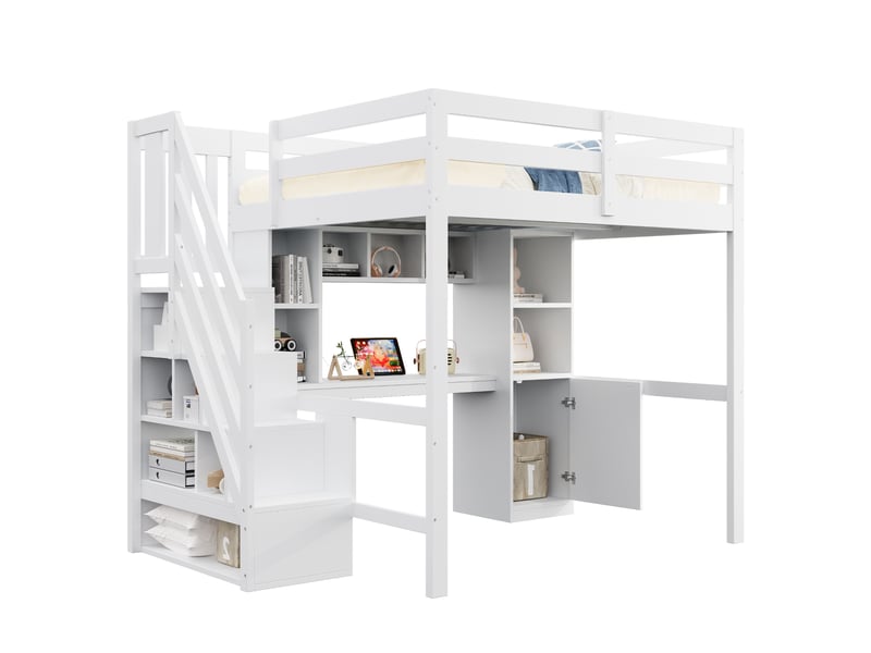  Lit mezzanine enfant 140x200 cm avec bureau, escalier avec rangement, led, prises électriques, étagères, barrières hautes, blanc Radiant Stride - Conforama A