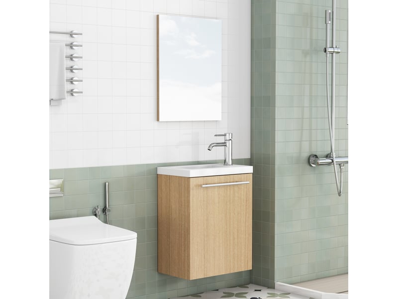  Meuble sous vasque mural en mdf bois clair avec lavabo en céramique et miroir, porte amortie, idéal pour salle de bains  - Conforama B