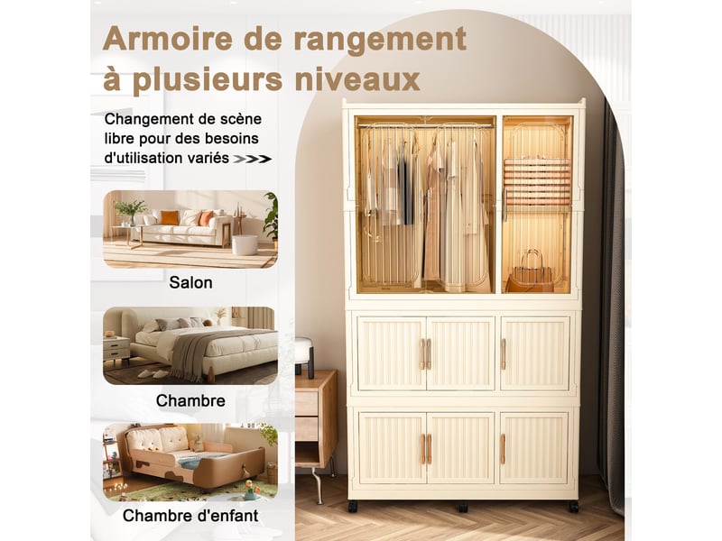 Armoire pliable modulable en pp, 9 portes, penderie, 6 roulettes et 6 cintres - Conforama E