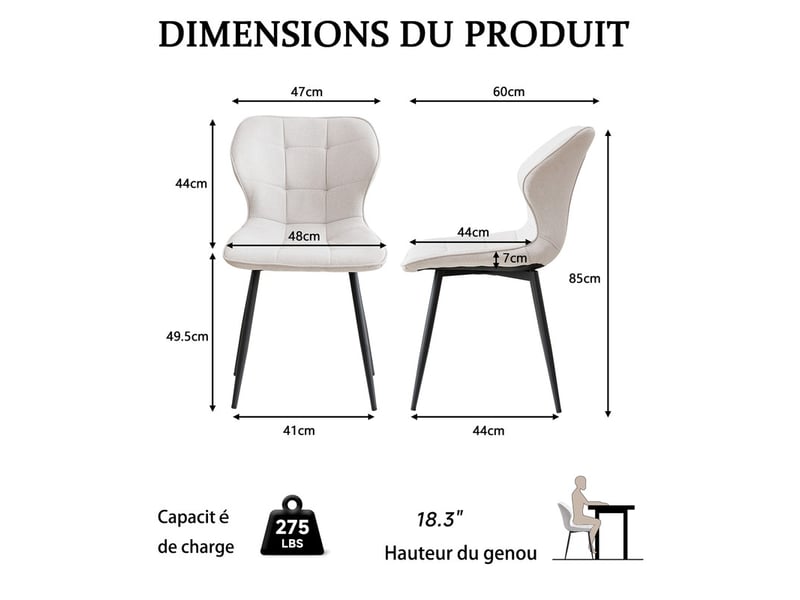 Lot de 2 chaises - pieds en métal - dossier assise rembourrée pour cuisine salon chambre bureau - style rétro - blanc  - Conforama E