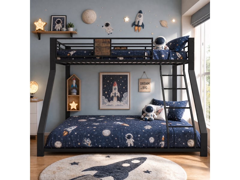  Lit superposé enfant 90x200140x200 cm en métal noir, lit double familial avec échelle modulable gauche droite, protection anti-bruit et sol IKSETERA TRADING LTD - Conforama D