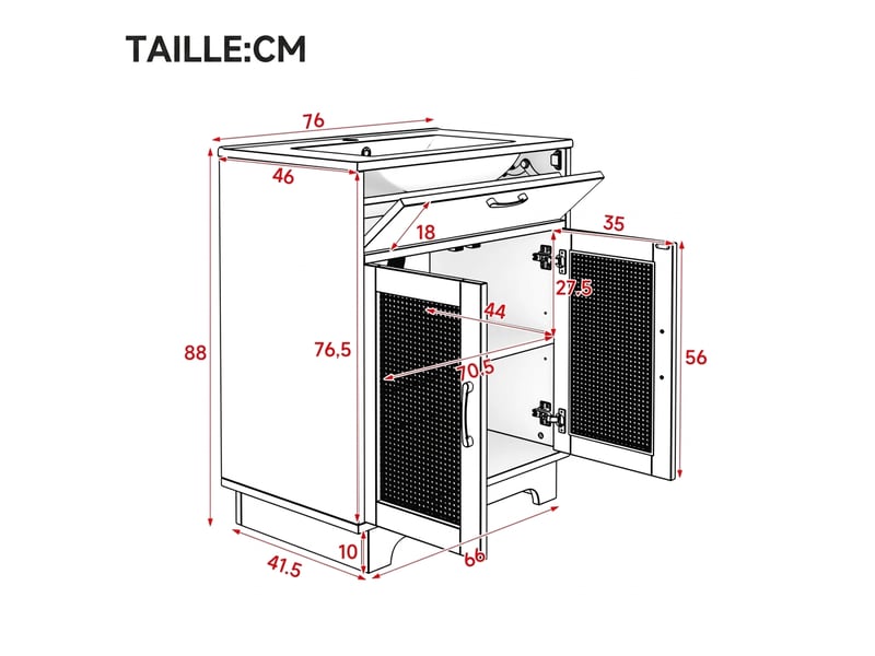  Meuble vasque 76 cm avec lavabo en céramique, finition bois naturel et portes effet rotin  - Conforama C