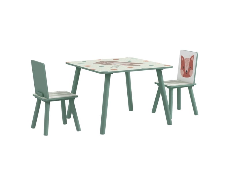  Table et 2 chaises pour enfants, ensemble pour enfants avec 1 table et 2 chaises, motif félins mignon, ensemble pour enfants 3-8 ans, vert  - Conforama A