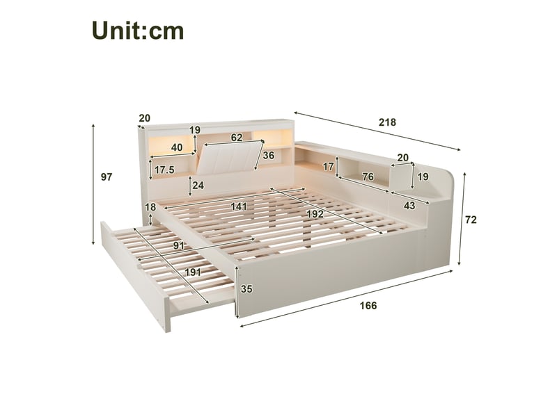  Lit gigogne 140x190 cm avec éclairage et ports en bois, tête de lit avec rangement, couleur blanc sans matelas  - Conforama C