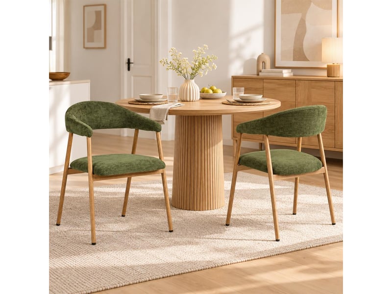  Chaises de salle à manger lot de 2 rembourrée en chenille, pieds en métal effet bois, vert  - Conforama B