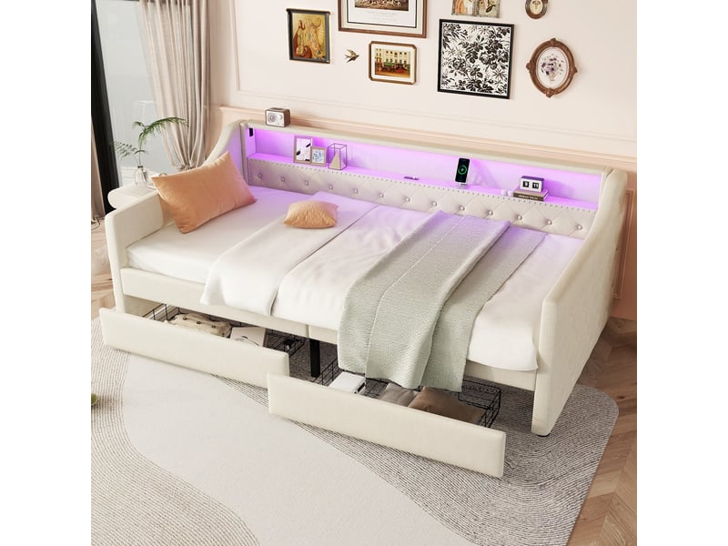 Lit coffre 90x200 cm avec led télécommande, 2 tiroirs et usb, tissu lin beige, sans matelas - Conforama B