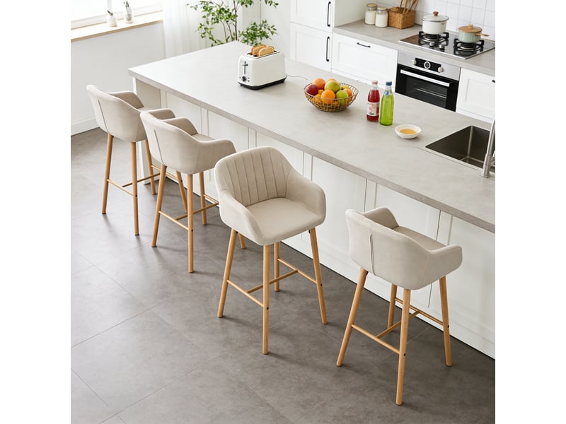Lot de 4 chaises de bar, siège 75 cm de haut, avec accoudoirs et repose-pieds, pieds en bois massif, beige - Conforama C