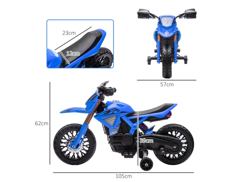 Moto électrique enfant 3-8 ans, 2 moteurs 12v, petites roues, klaxon, max 3 kmh, max 30 kg, bleue. - Conforama E