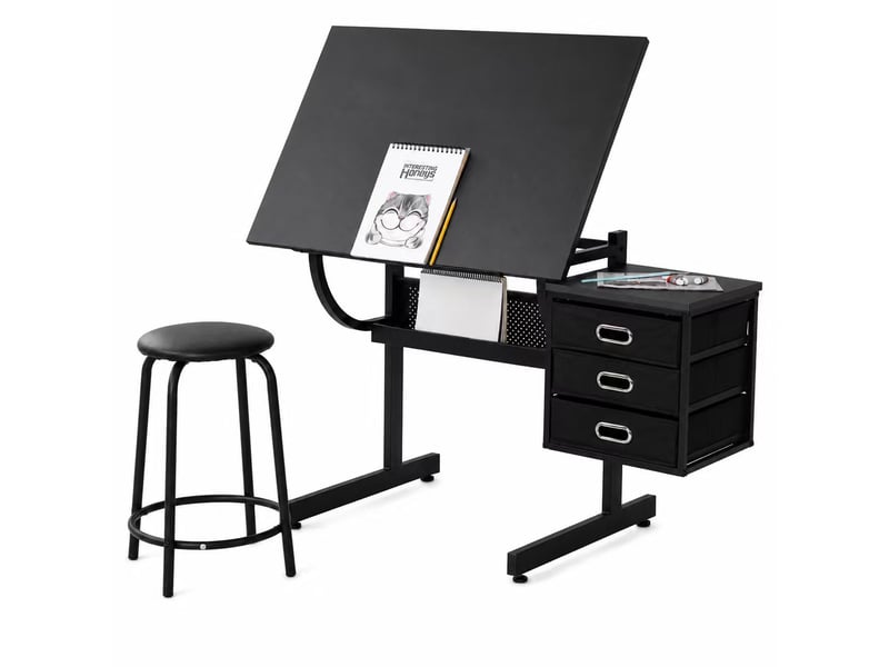  Table à dessin noire avec tabouret et 3 tiroirs de rangement, bureau créatif  - Conforama A