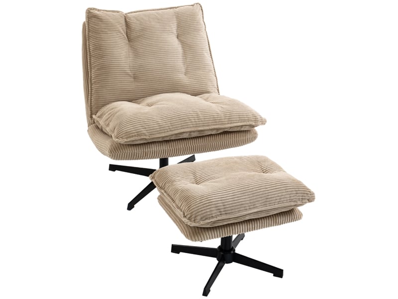  Fauteuil de salon - fauteuil lounge avec repose-pieds, pivotant à 360°, revêtement en velours côtelé, beige  - Conforama B